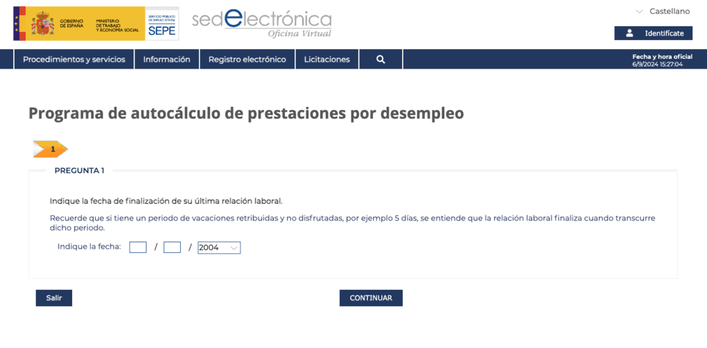 Captura de pantalla del autocálculo de pestación por desempleo