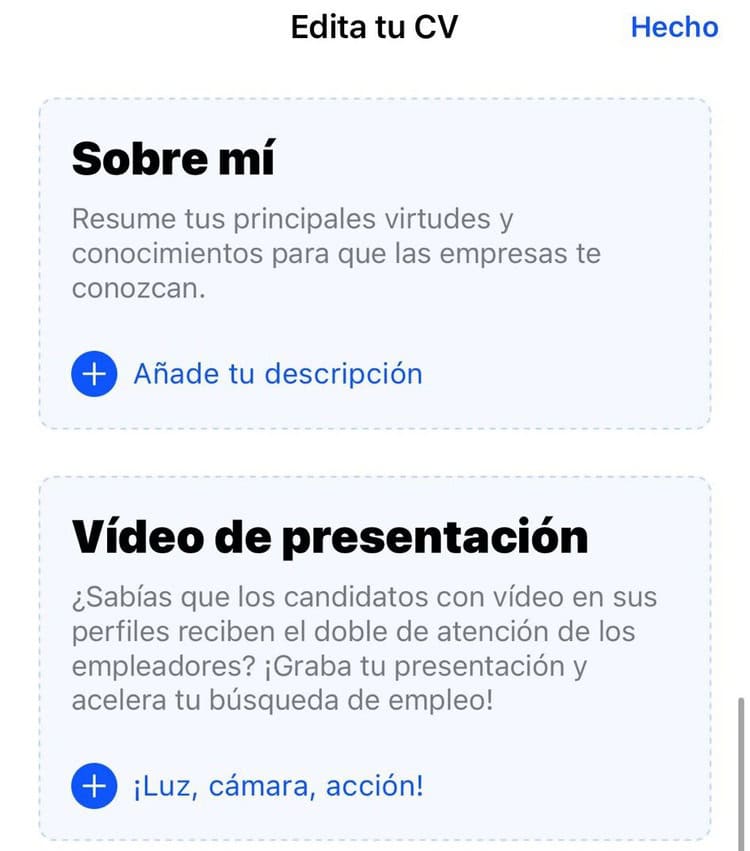 Sección de la app de Job Today para subir vídeos
