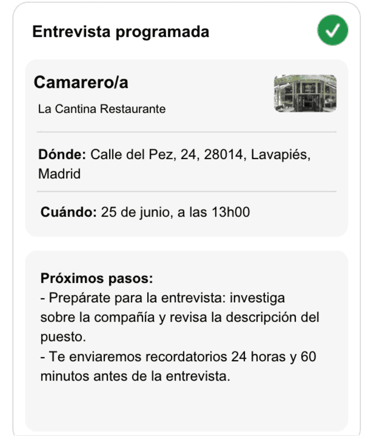 Detalles de la cita enviados al candidato