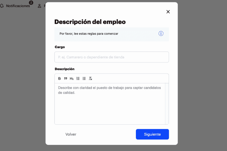 Página para añadir la descripción de la oferta en Job Today