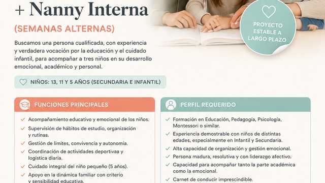 EDUCADORA FAMILIAR + NANNY INTERNA (Semanas alternas –  Alicante ciudad)