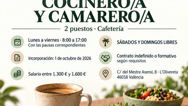 COCINERA/O - CAMARERA/O — LUNES A VIERNES, FINES DE SEMANA LIBRES