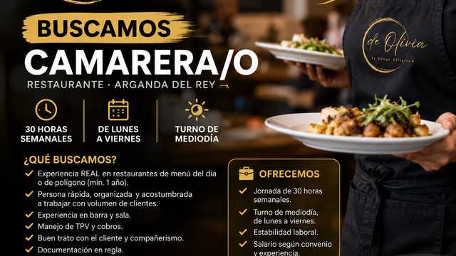 📢 BUSCAMOS CAMARERA/O – ARGANDA DEL REY