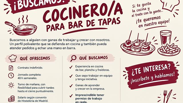 Cocinero/a – Ayudante de cocina para bar de tapas.